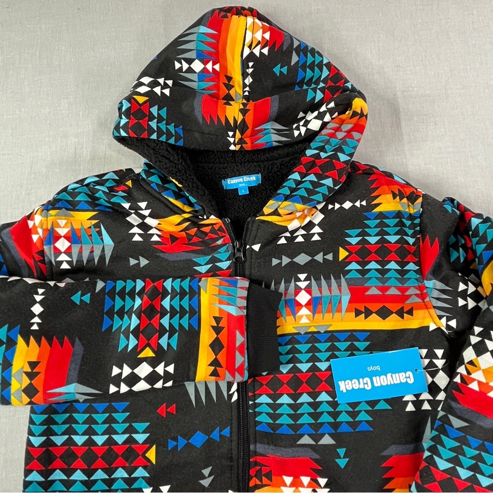 Canyon Creek Hoodie Black Multi Aztec Print Boys L Sherpa Lined Zip Up